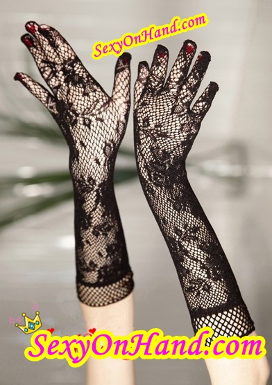 ถุงมือ ลูกไม้ ขอบตาข่ายสีดำ สำหรับแต่งเข้าชุดแฟนซี ชุดคอสเพลย์ ชุดเซ็กซี่ เนื้อเส้นใหญ่ยืดหยุ่นได้สูงมากๆคะ