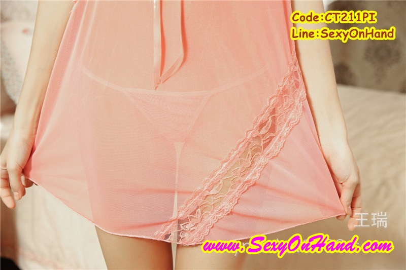 ชุดนอนเซ็กซี่ ซีทรู สายเดี่ยว แต่งลูกไม้ซีทรู สีชมพูอ่อน อมพีช เนื้อผ้าทิ้งตัวสวยหรู เกรดพรีเมี่ยมมากคะ +G-string