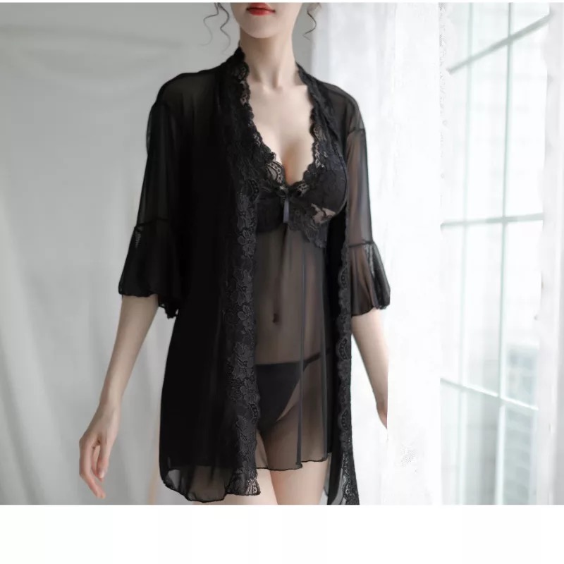 เซ็ทชุดคลุมนอน เซ็ดชุดนอน สายเดี่ยว+ชุดคลุมนอน ซีทรูสีนูทพีช แต่งลูกไม้ สวย หรู งาน เซ็กซี่มากๆคะ สำเนา