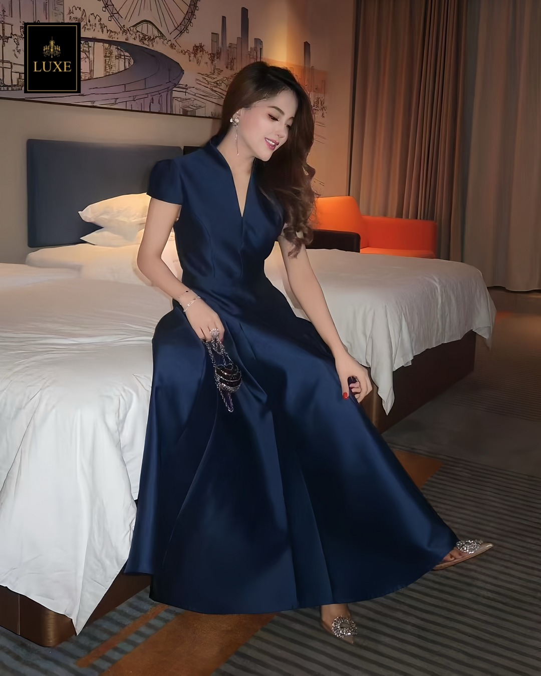 เดรสแฟชั่น เดรสเสื้อคอตั้ง แขนสั้น กระโปรงบาน