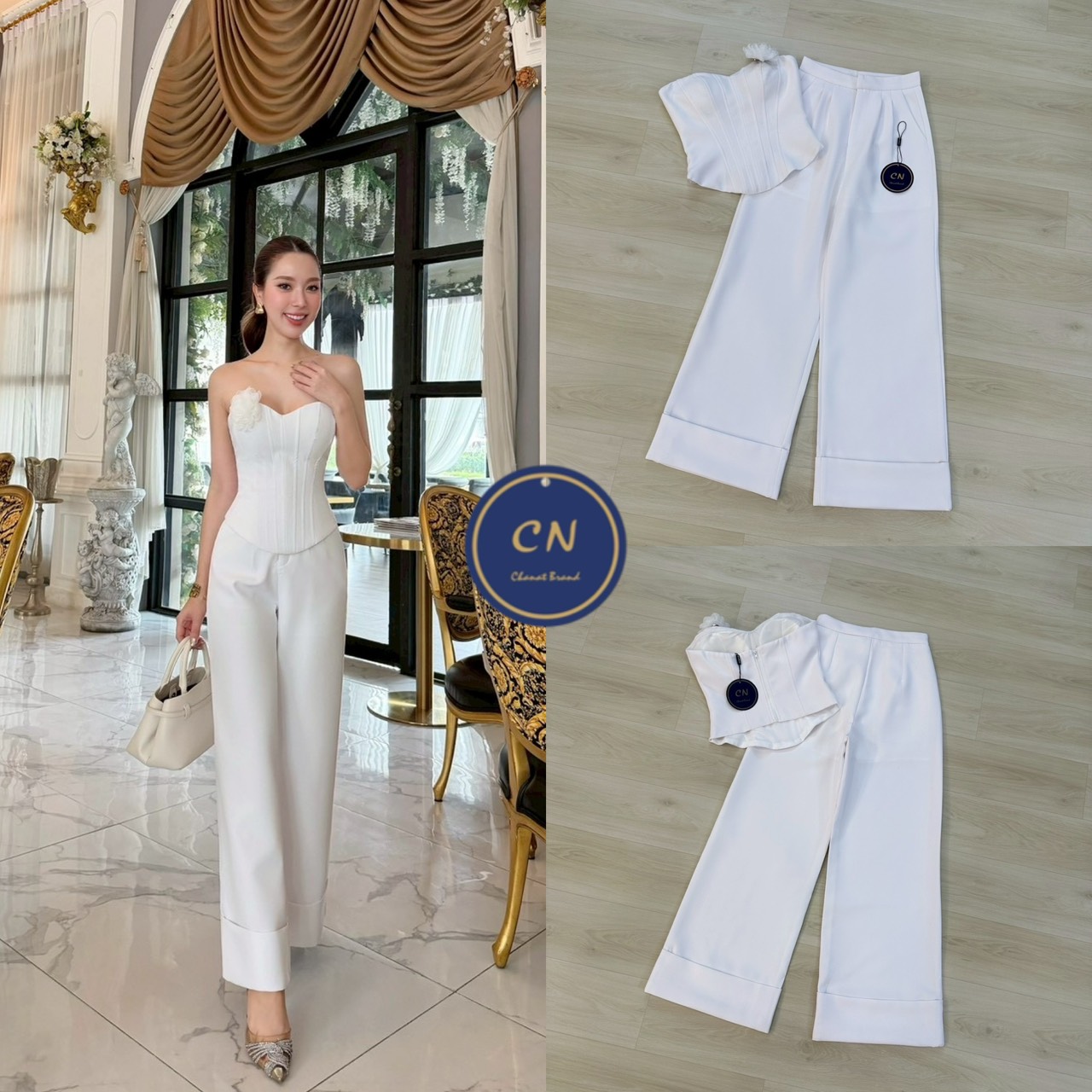 ชุดเซทแฟชั่น Set 2 ชิ้น เสื้อเกาะอกสีขาว ช่วงอกเสริมฟองน้ำ ด้านหน้าแต่งแถบกุ้นลาย (ซิปหลัง)