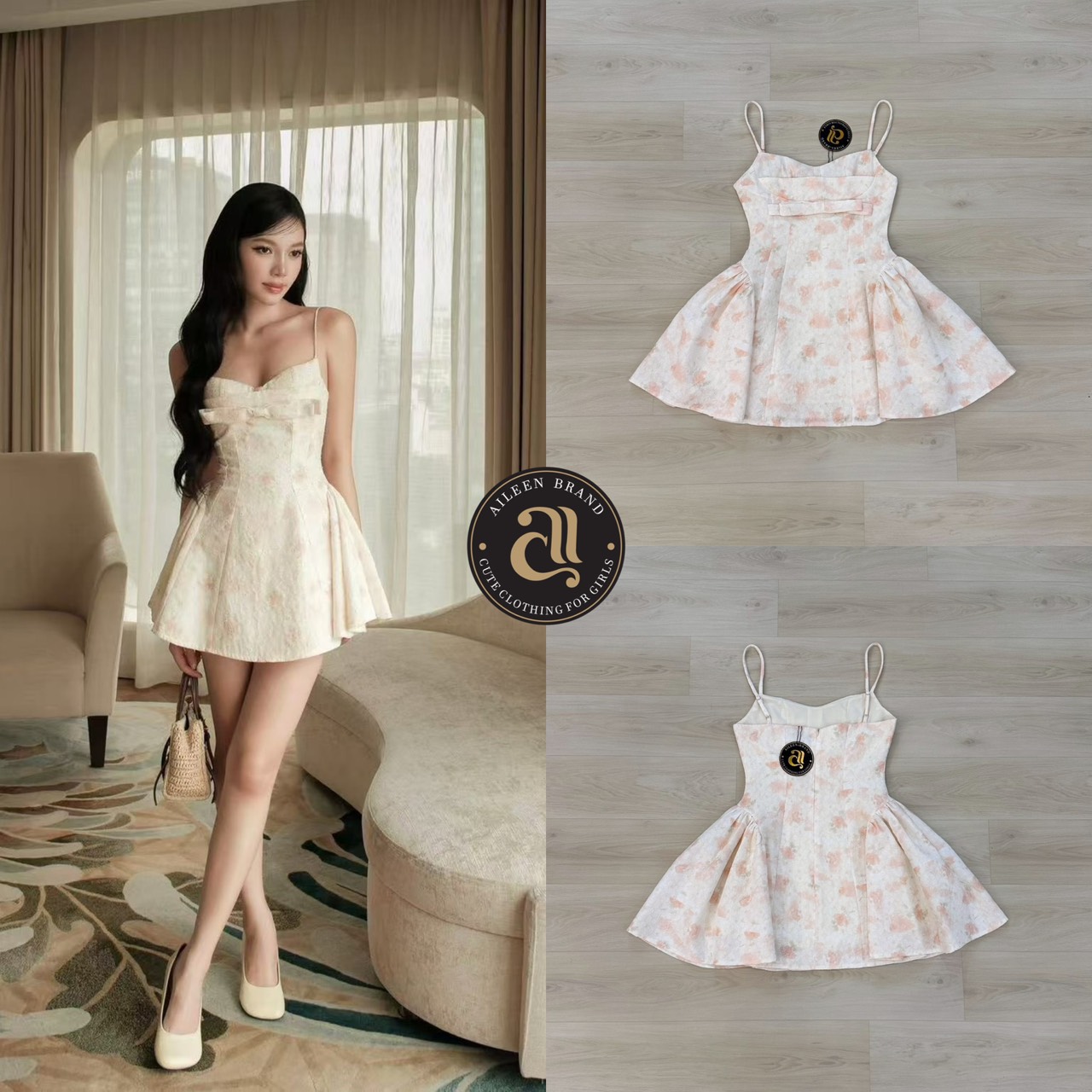 เดรสแฟชั่น มินิเดรสสายเดี่ยวสีขาวครีม ลายดอกไม้เล็กๆ