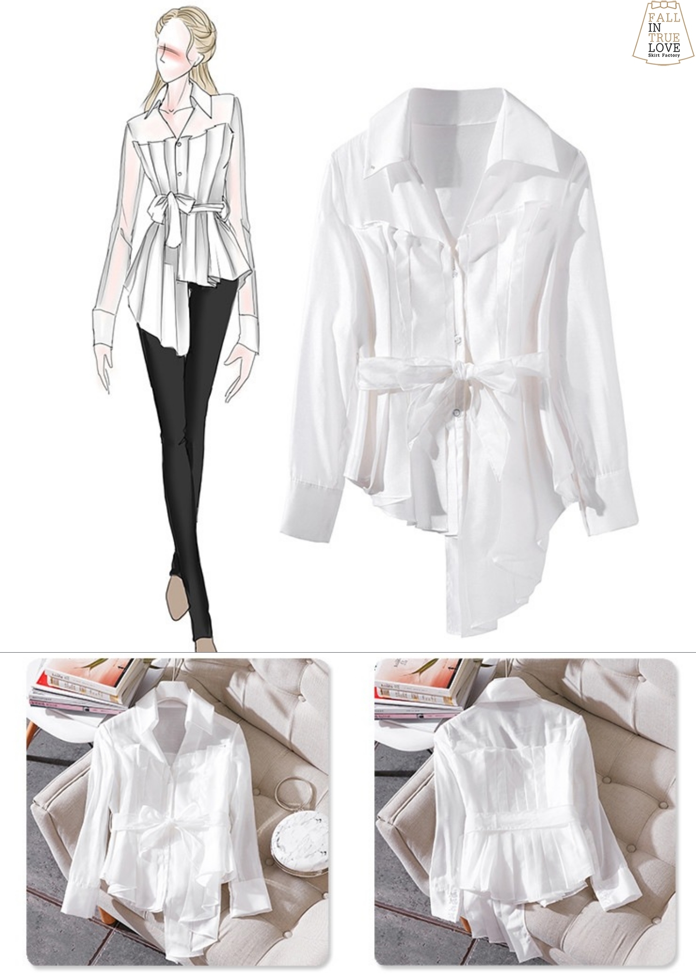 เสื้อแฟชั่น เสื้อเชิ้ตคอวีจับจีบทวิสต์ช่วงตัวรอบตัวหน้าหลังแบบเรียบหรู