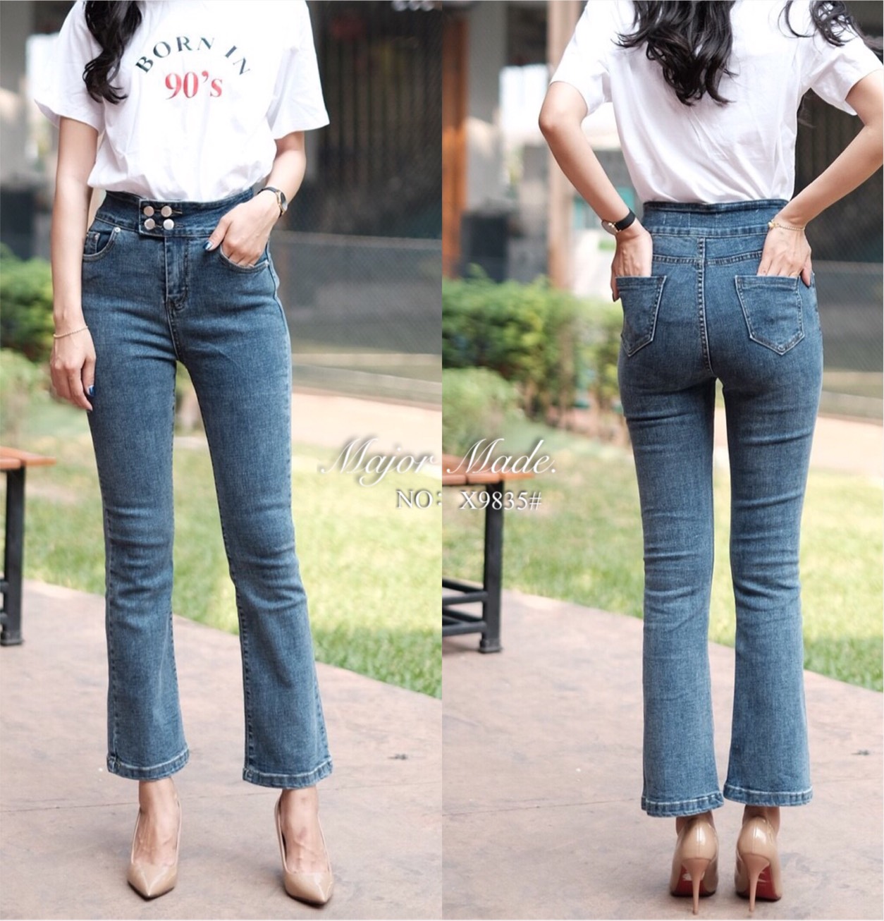 กางเกงแฟชั่น No.X9835 Korea denim high waist jeans กางเกงยีนส์ทรงขาบาน แต่งกระดุม 4 เม็ดขอบเอว