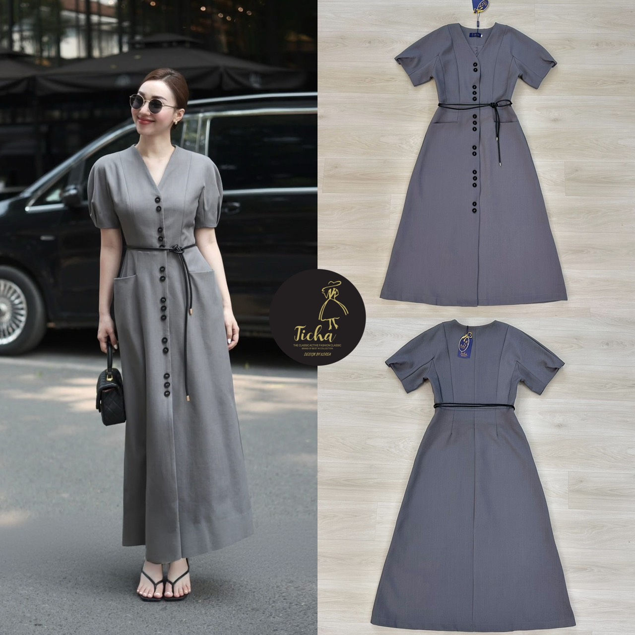 เดรสแฟชั่น เดรสยาวสีเทาคอวี แขนสั้นทรงโอเวอร์ไซส์ ดีเทลแต่งกระดุมหน้ายาว มาพร้อมเชือกผูคกคาดเอว