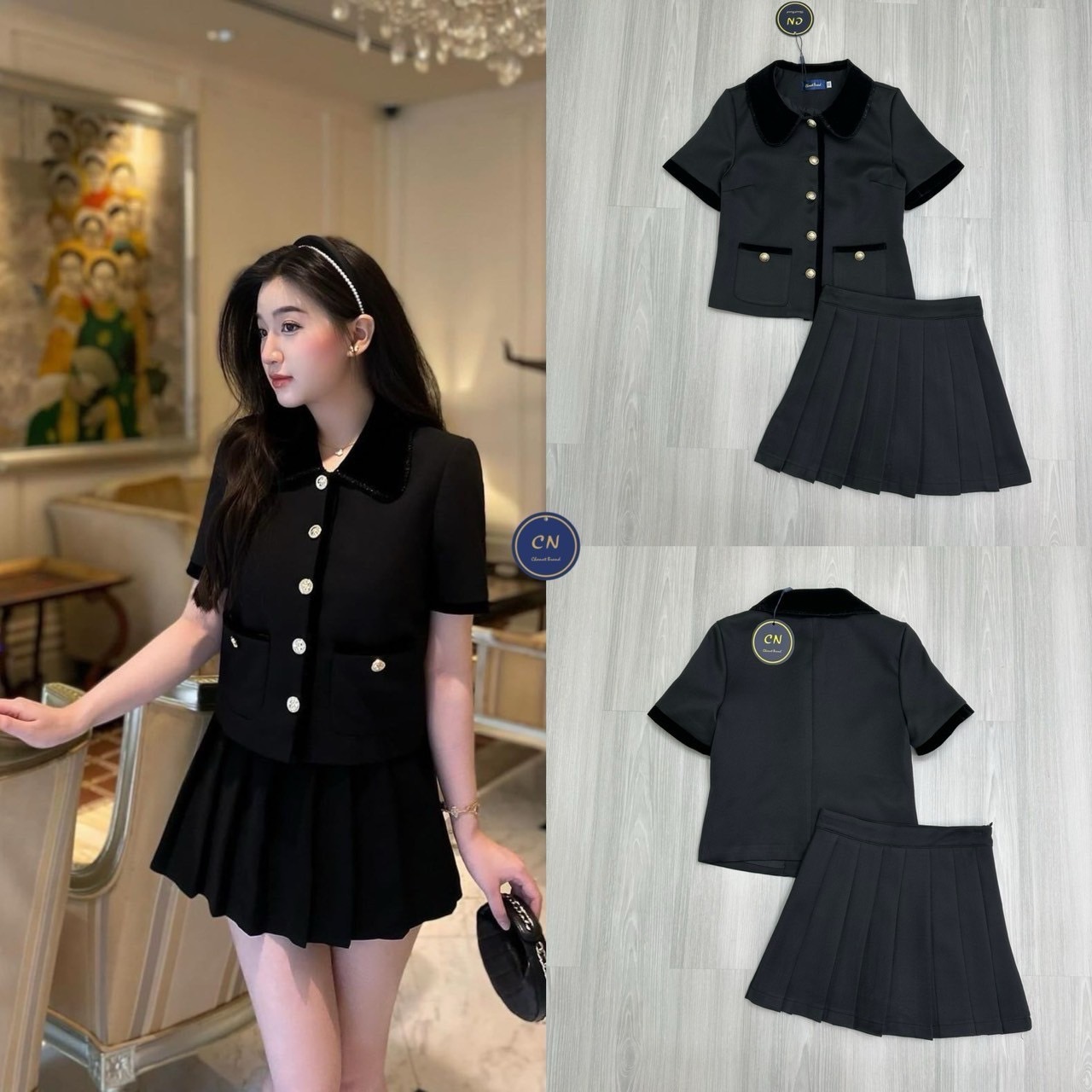 ชุดเซทแฟชั่น Set 2 ชิ้น สีดำเสื้อครอปแขนสั้น ดีเทลเย็บต่อคอปกและกุ๊นผ้ากำมะหยี่