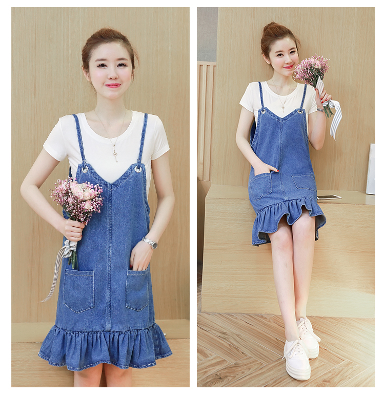 KTFN เดรสยีนส์แฟชั่นสายเดียว ตัดต่อชายระบายน่ารัก ไม่รวมเสื้อค่ะ สีฟ้าเข้ม