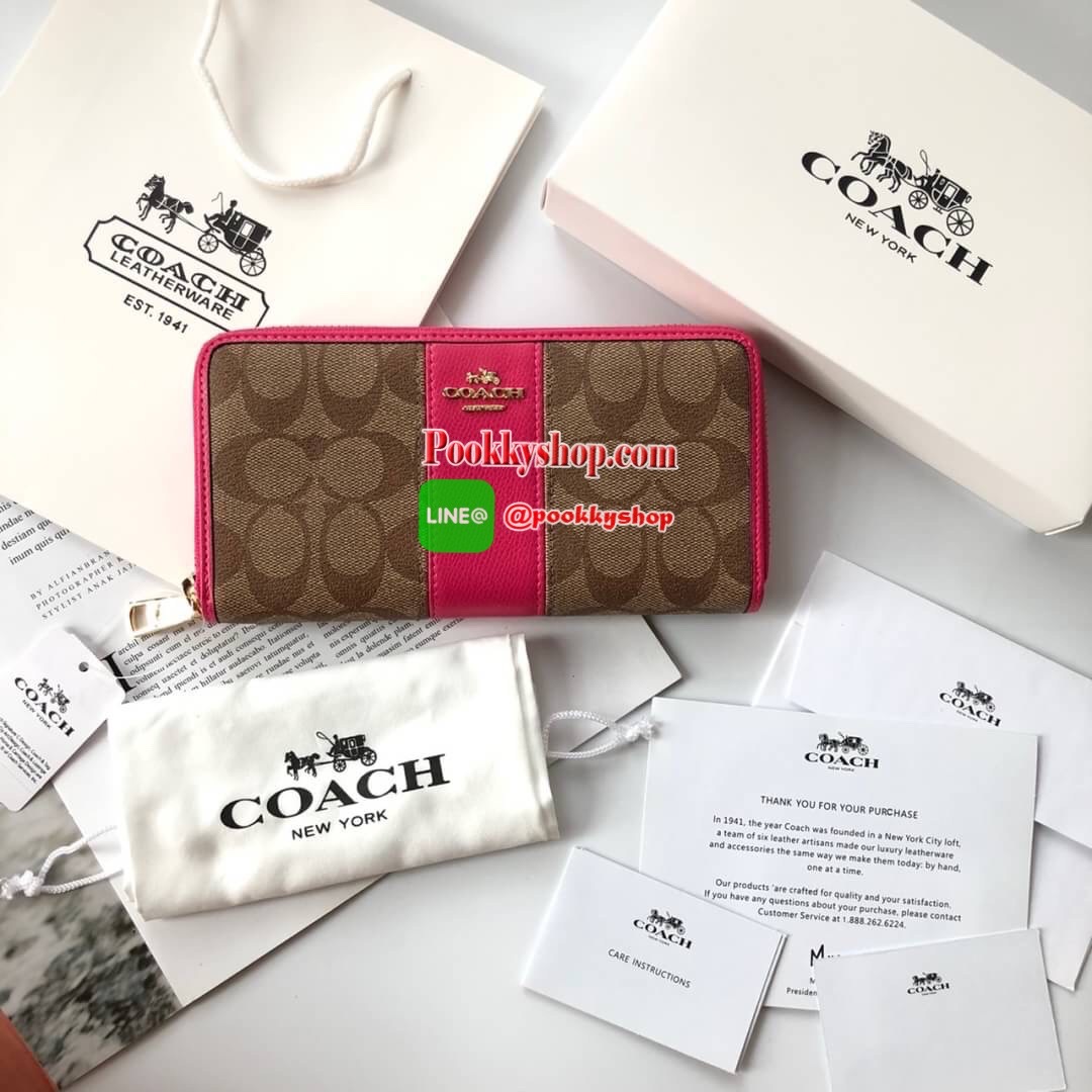 COACH Accordion Zip Wallet in Signature Coated Canvas with Leather กระเป๋าสตางค์ใบยาว เปิด-ปิดกระเป๋าด้วยซิปรอบ ด้านในมีช่องใส่บัตร ช่องใส่ธนบัตร และช่องซิปใส่เหรียญค่ะ