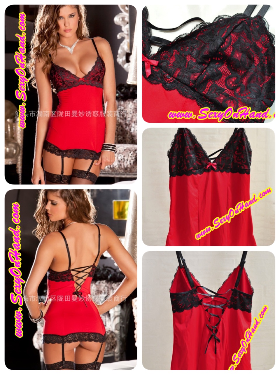 ชุดนอนเซ็กซี่ ชุดนอนสายเดี่ยว สไตล์เดรสสั้นกึ่งคอร์เซ็ต สีแดง แต่งลูกไม้ดำ ติดระบายชาย +สายรัดถุงน่อง (ถอดใส่ได้คะ)+ถุงน่องตาข่าย คุ้มสุดๆเลยคะ