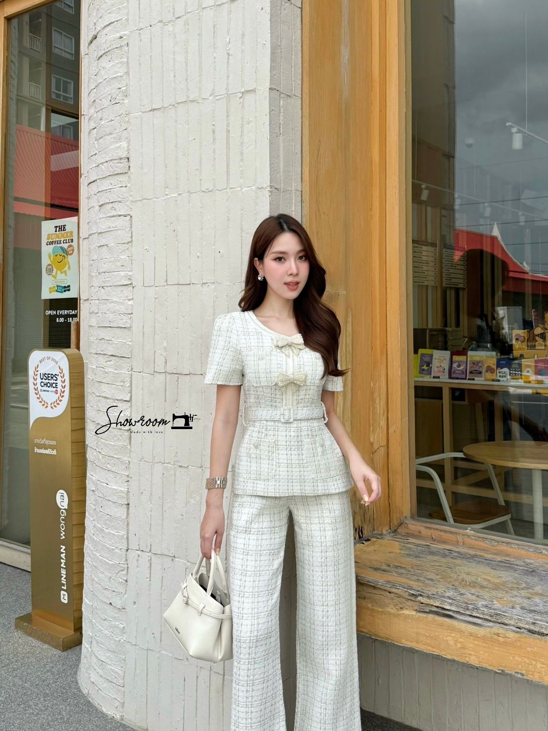 ชุดเซทแฟชั่น เซ็ตเสื้อแขนสั้น+กางเกงขายาว+เข็มขัดเข้าเซ็ต