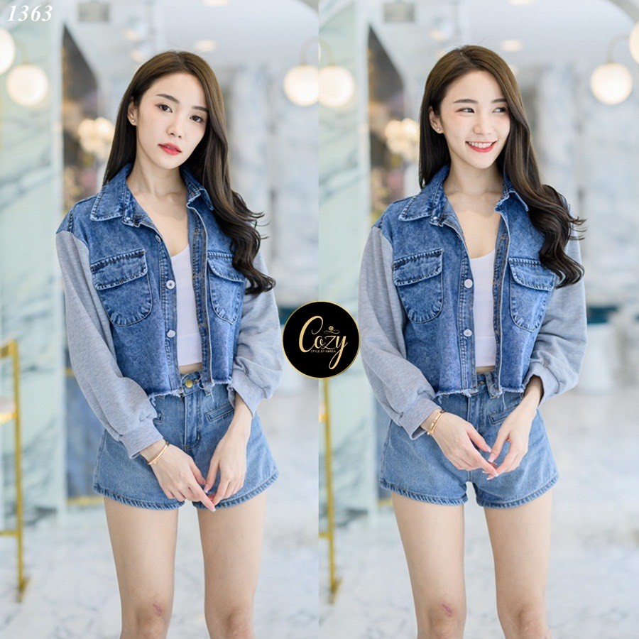 เสื้อแฟชั่น เสื้อครอปยีนส์ฟอกต่อแขนผ้ายืดสีเทาแขนยาวจั๊มปลายแขน กระเป๋าหน้าอก 2 ข้าง