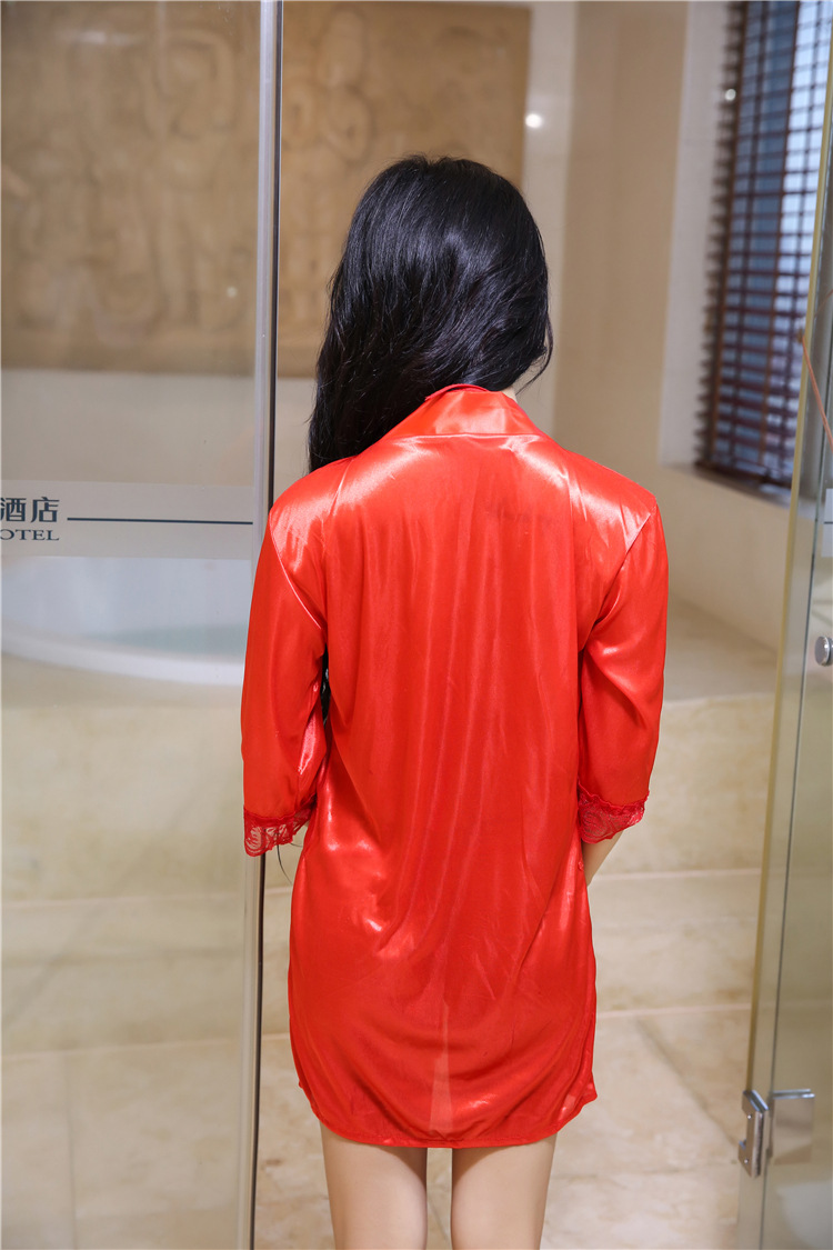 ชุดคลุมเซ็กซี่ ชุดคลุมนอน คลุมอาบน้ำ แต่งลูกไม้ปลายแขน +สายผูกเอว +G-string เข้าชุด