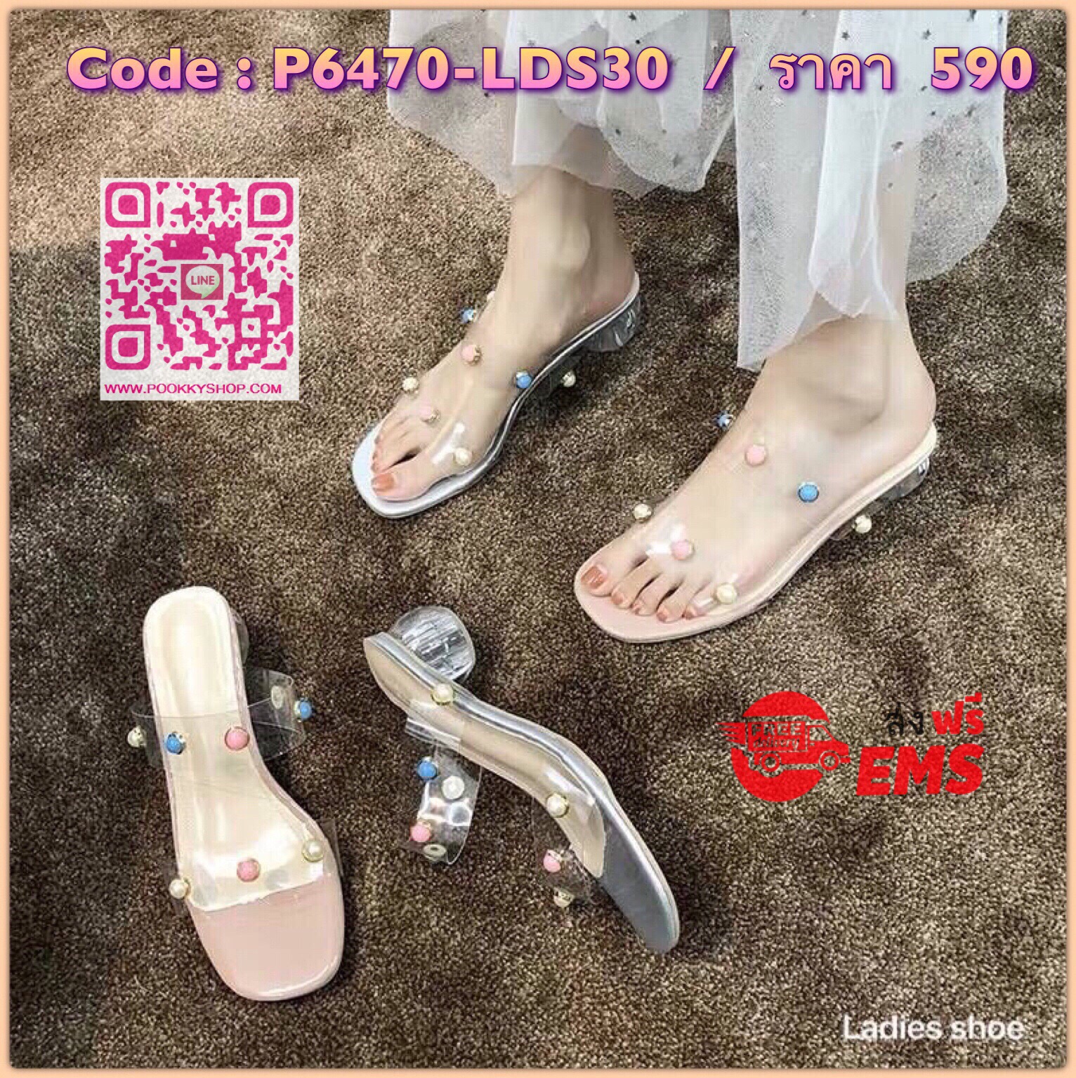 พร้อมส่งงานนำเข้า รองเท้าส้นอะคริลิคใสทรงกลม วัดสุพื้นPUคุณภาพดีสวม2ตอนซิลิโคนนิ่มตอกหมุดอะไหล่มุกสีหวานๆ