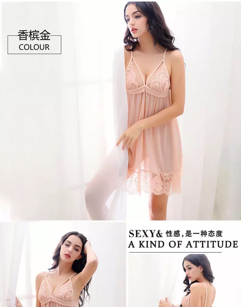 ชุดนอน เดรสซีทรู สีพีช แต่งลูกไม้ซีทรู เนื้อผ้าสวย ทิ้งตัว คุณหนูมากๆคะ