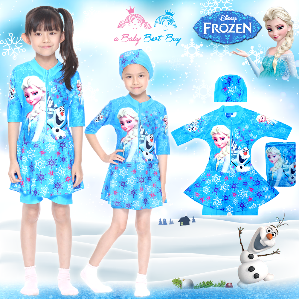 ฮ ( สำหรับเด็กอายุ 6เดือน-14 ปี ) ชุดว่ายน้ำ เด็กผู้หญิง Disney Frozen ชุดว่ายน้ำบอดี้สูท แขนยาว กระโปรงกางเกงขาสั้น สีฟ้า สกรีนลาย เจ้าหญิงเอลซ่า+โอลาฟ ชุดว่ายน้ำเด็กผู้หญิง Disney แท้ ลิขสิทธิ์แท้