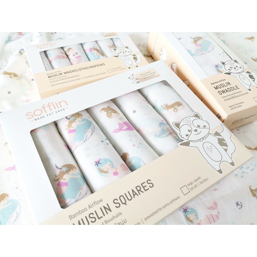 Sofflin ผ้าอ้อมใยไผ่ ผ้าอ้อมมัสลิน ผ้าห่อตัวเด็ก เนื้อนุ่ม ขนาด 76*76 cm (30 นิ้ว)