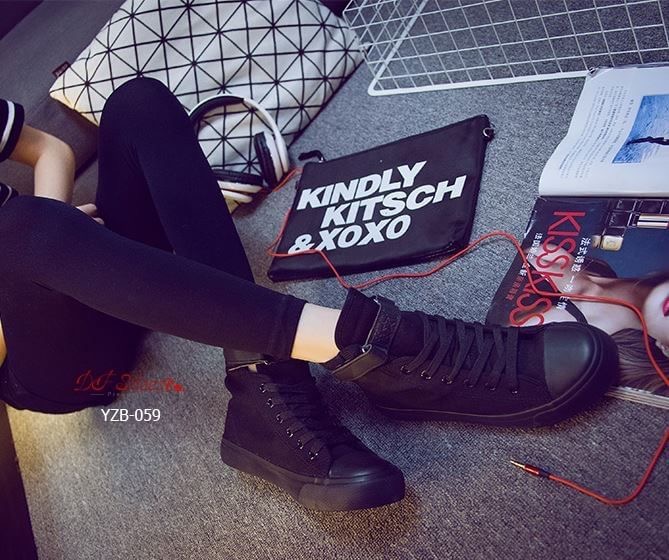 สินค้าพร้อมส่ง รองเท้าผ้าใบหุ้มข้อนำเข้า สไตล์เกาหลี วัสดุผ้าแคนวาส พื้นหนัง PU แถบรัดข้อแบบเมจิกเทป สวมใส่ง่าย คุณภาพดีคุ้มราคาจ้า