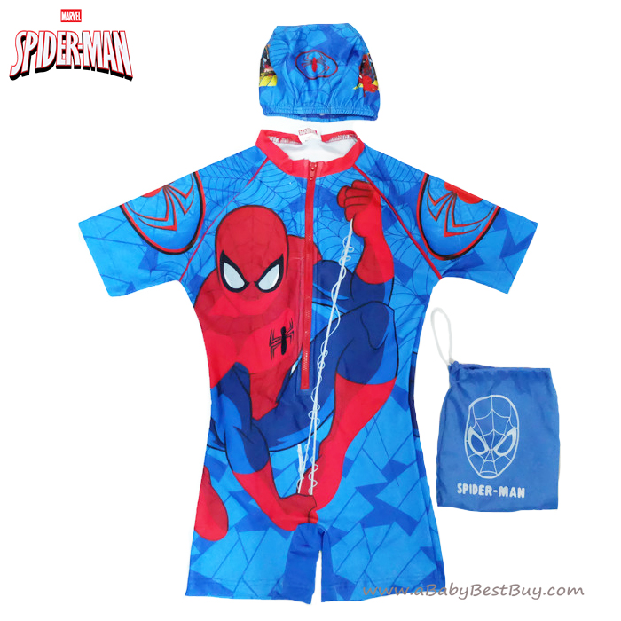 ฮ (สำหรับเด็กอายุ 6เดือน-14 ปี) ชุดว่ายน้ำเด็กผู้ชาย Spiderman สีน้ำเงิน บอดี้สูทเสื้อแขนสั้นกางเกงขาสั้นสกรีนลาย Spiderman มาพร้อมหมวกว่ายน้ำและถุงผ้า สุดเท่ห์ ใส่สบาย ลิขสิทธิ์แท้