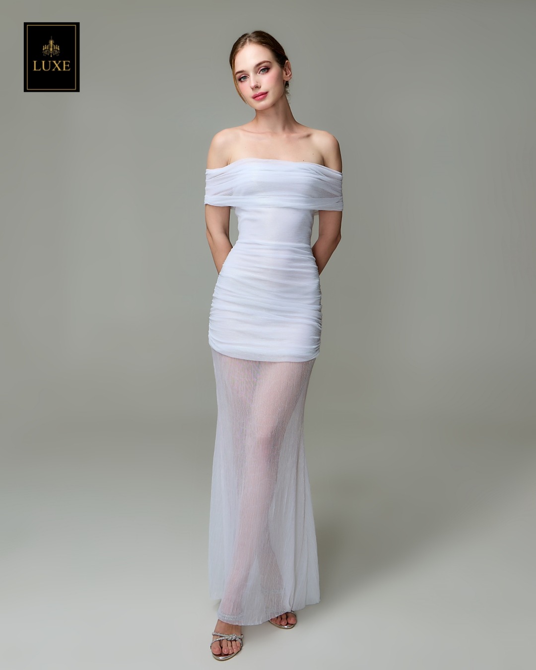 เดรสแฟชั่น แม็กซี่เดรสเปิดไหล่ กระโปรงยาว