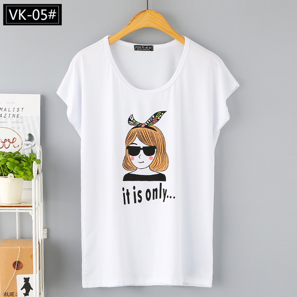 เสื้อแฟชั่นตัวยาว พิมพ์ลายการ์ตูนผู้หญิง สีขาว