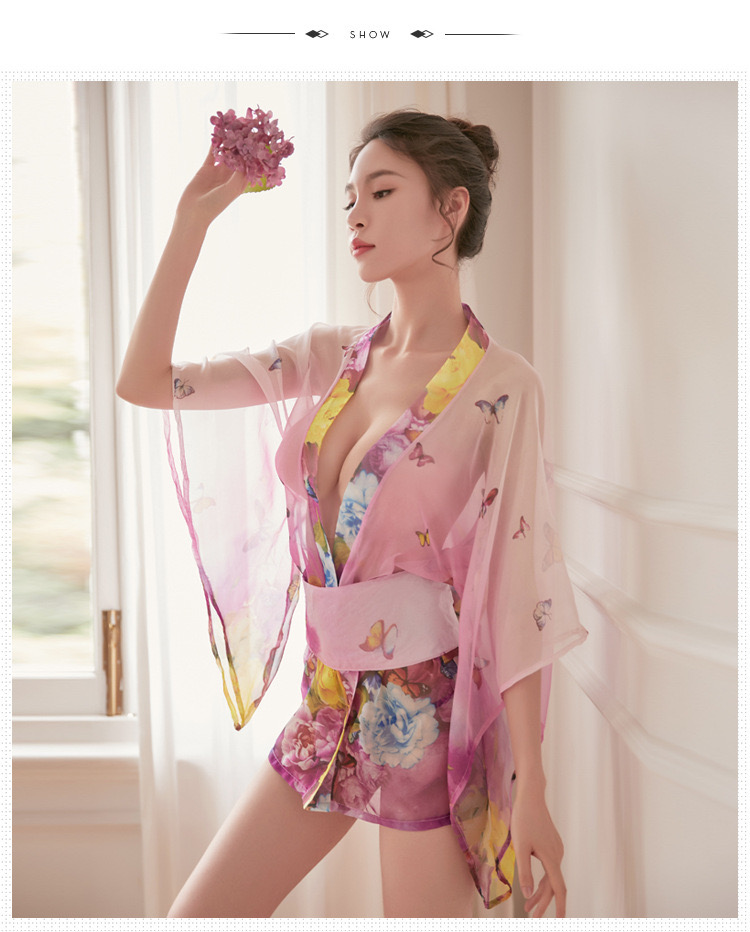 ชุดกิโมโน ซากุระ ซีทรู สีชมพู แต่งสายคาด โบว์สำเร็จรูป สำเนา