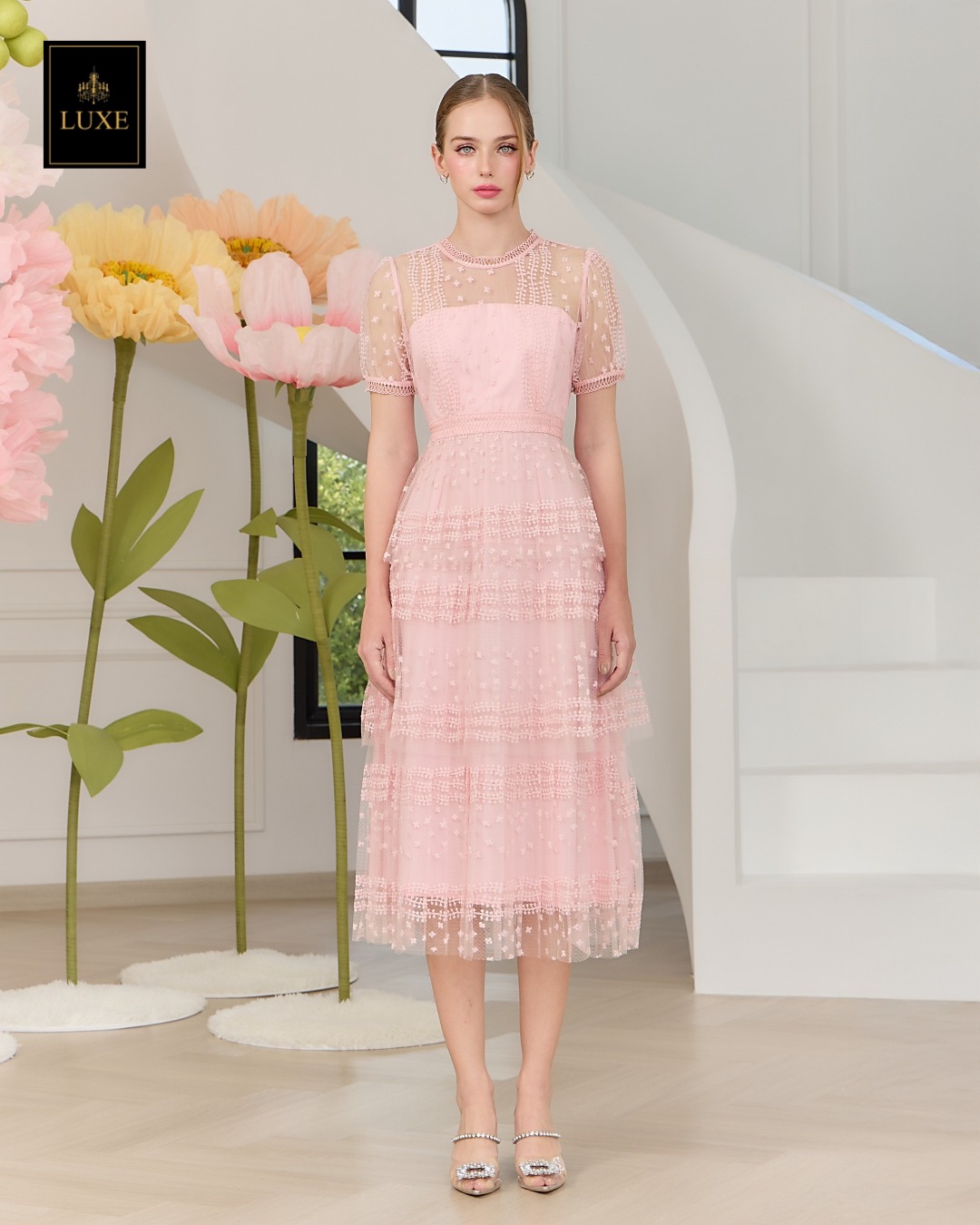 เดรสแฟชั่น เดรสเสื้อคอกลมแขนสั้น กระโปรงอัดพลีท3ชั้น