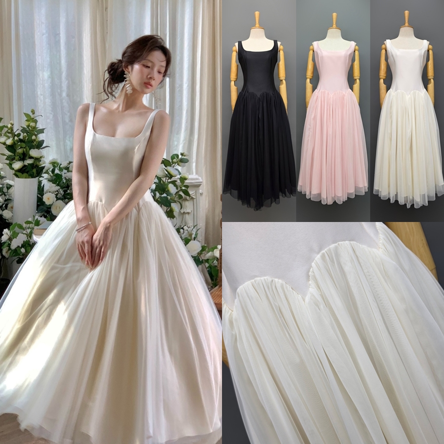 เดรสแฟชั่น เดรสเสื้อกล้ามทรงเข้ารูป กระโปรงบานจีบรูดทรงวงกลม