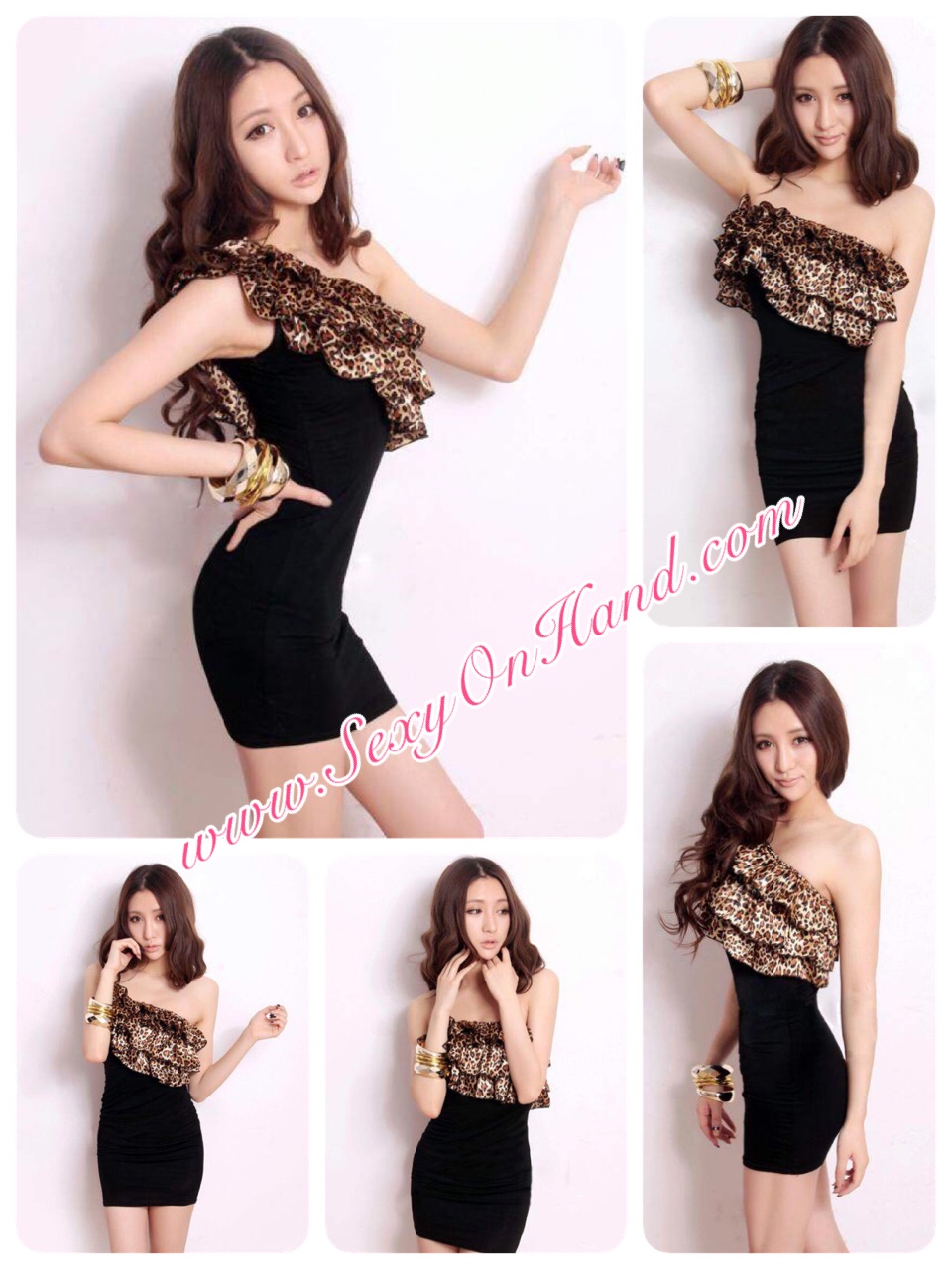 ชุดเดรส ปาร์ตี้ ชุดแฟชั่นเดรสสั้น แต่งบ่าเฉียง ลายเสือ เนื้อผ้ายืด ซัพพอร์ต อย่างดี + G-string เข้าชุด