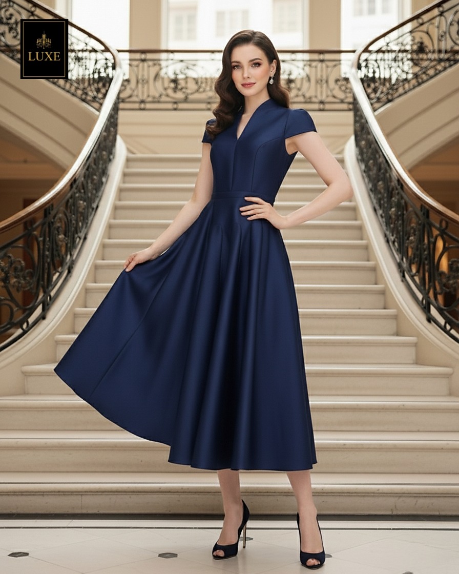 เดรสแฟชั่น เดรสเสื้อคอตั้ง แขนสั้น กระโปรงบาน