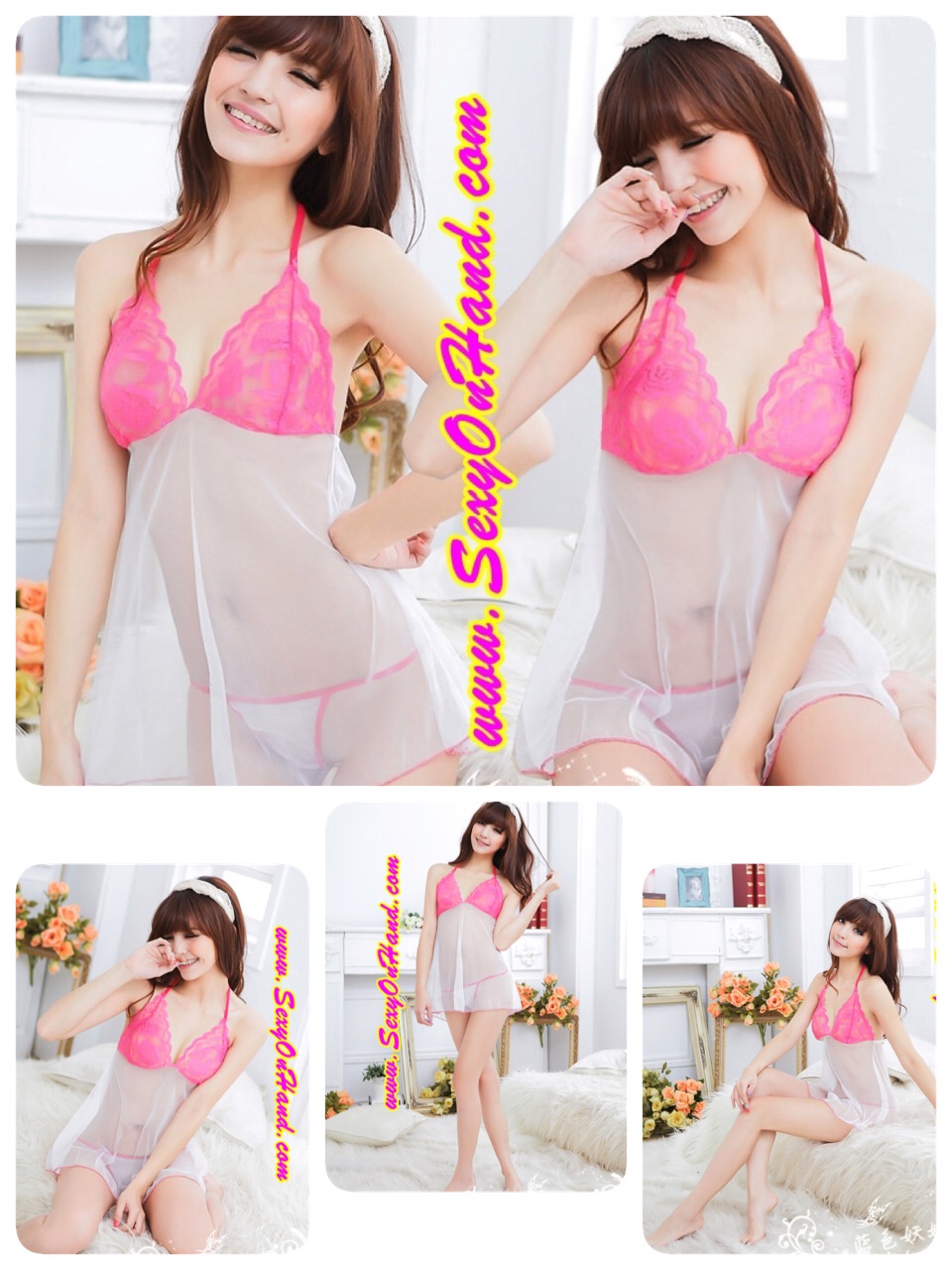 ชุดนอนเซ็กซี่ ชุดนอนมัดคอ ซีทรูชมพู ขาว ผ้าลูกไม้ชมพู ช่วงหน้าอก ส่วนตัวกระโปรง ผ้าซีทรขาว สวยใสๆคะ + จีสตริงเข้าชุดคะ