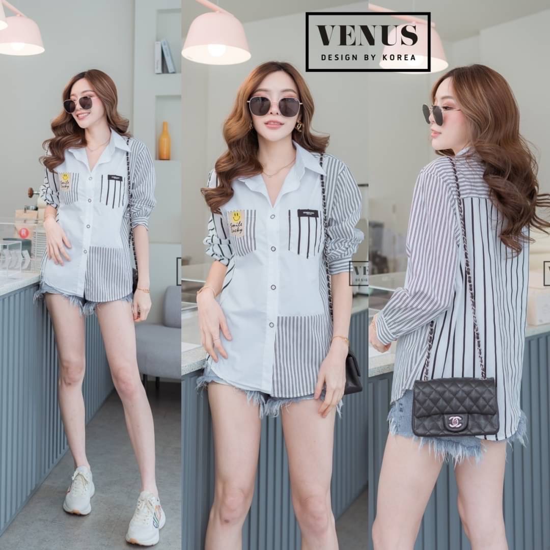 I'm Lady By Venus เสื้อเชิ๊ตสีพื้น แต่งแขนลายริ้ว แต่งกระเป๋า สลับลายกัน งานเก๋มากๆนะคะ เนื้อผ้าเชิ๊ตอย่างดีคะ แม๊ทกับกางเกงยีนขาสั้นก็สวยคะ