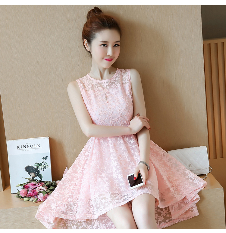 KTFN เดรสลูกไม้ สุดหรู แขนกุด มีซับใน สีชมพู
