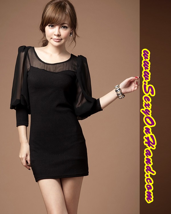 เดรสแฟชั่น ชุดออกงาน ชุดสาวออฟฟิศ เดรสออกงานกลางคืน สีดำ เซ็กซี่ แขนพองแต่งผ้าชีฟอง ปลายจั๊ม ตัวชุดผ้าโทเลย์ เกรด AAA แบบสวยเหมือนในรูปเลยคะ/ ไซส์ M