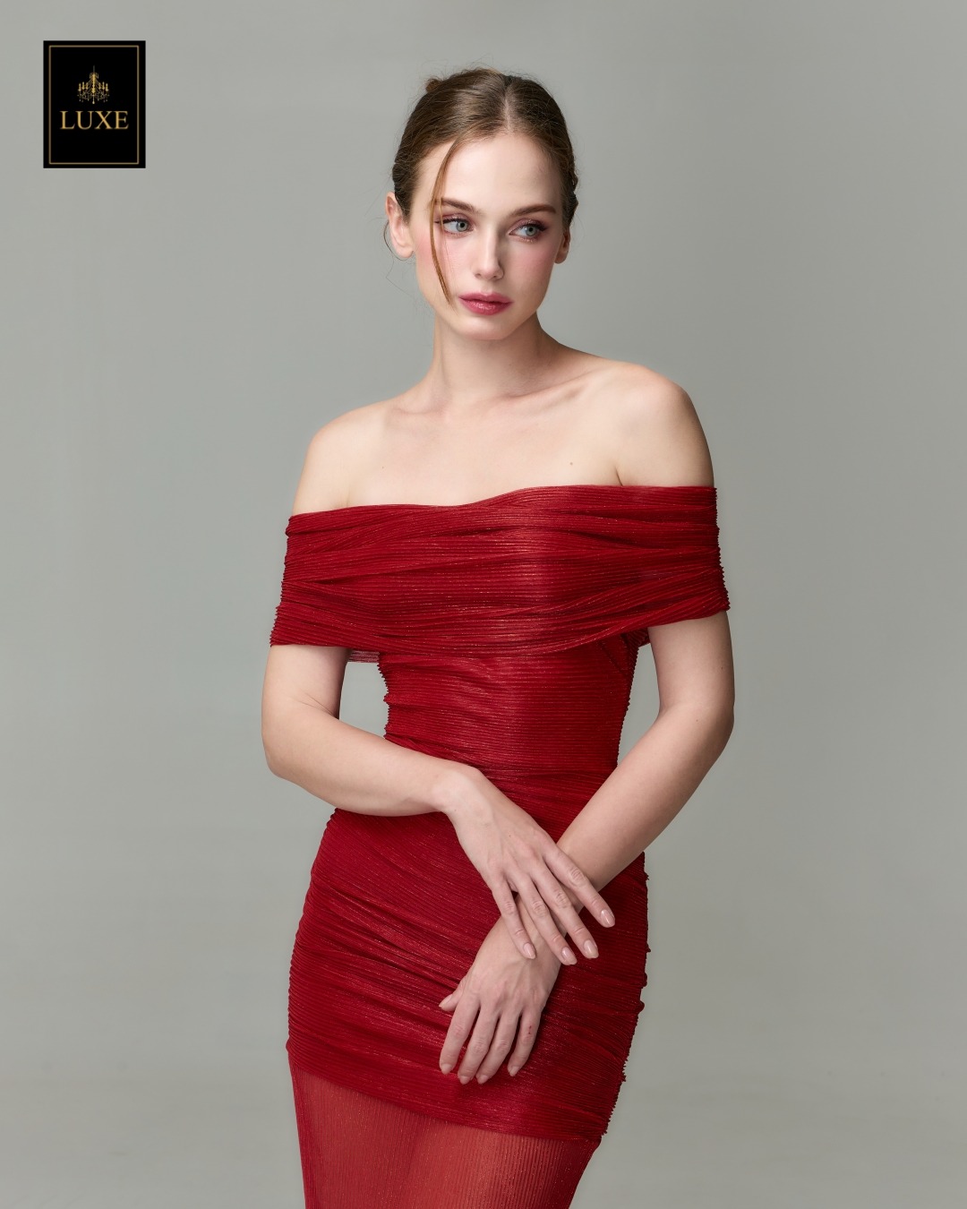 เดรสแฟชั่น แม็กซี่เดรสเปิดไหล่ กระโปรงยาว