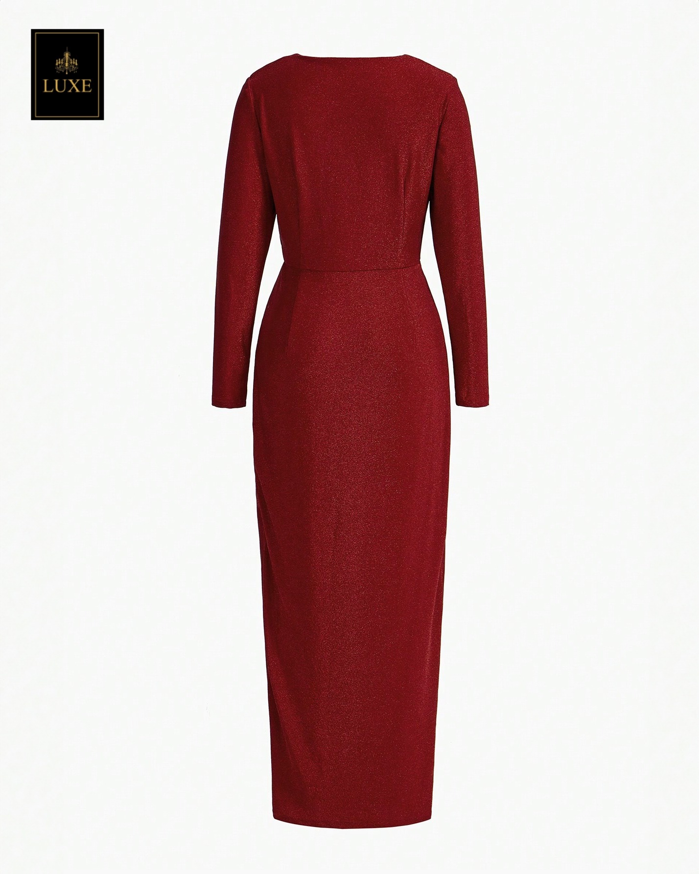 เดรสแฟชั่น แม็กซี่เดรสเสื้อแขนยาวคอวี ดีเทลด้านนอกเป็นคอถ่วง กระโปรงทรงสอบผ่าข้าง