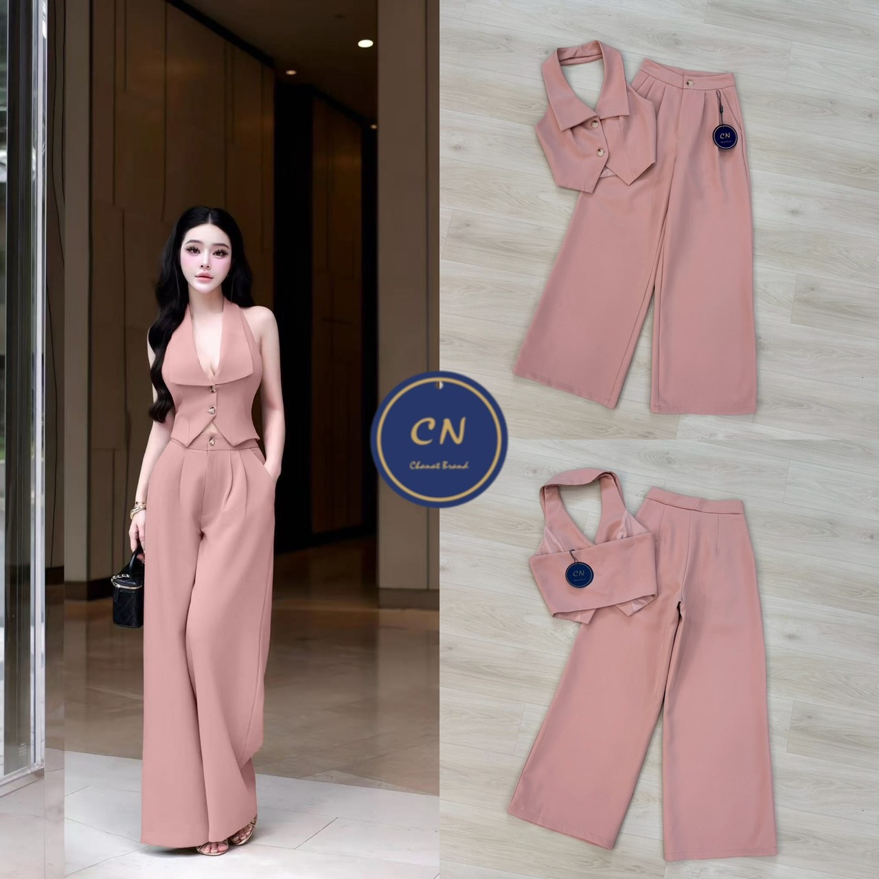 ชุดเซทแฟชั่น Set 2 ชิ้นสีนู๊ดทั้งชุด ตัวเสื้อคล้องคอ ทรงเข้ารูปมีกระดุมหน้า 2เม็ด