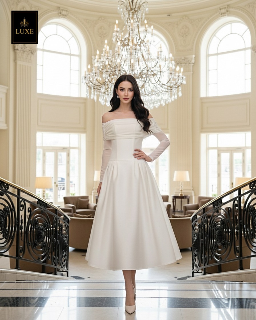 เดรสแฟชั่น เดรสเสื้อแขนยาวเปิดไหล่ กระโปรงยาวคลุมเข่า แขนเสื้อซีทรู