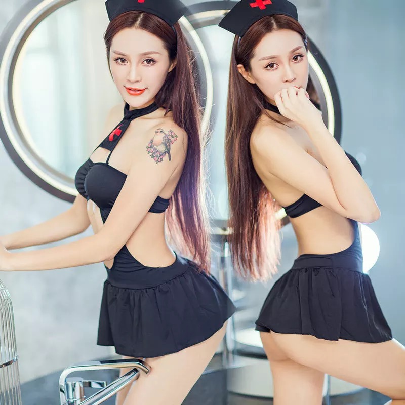 ชุดเดรส ชุดคอสเพลย์ นางพยาบาลสาว แต่งเว้า สีดำ สวย เซ็กซี่มากคะ