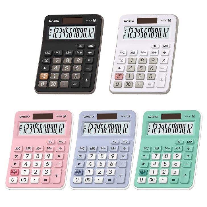 เครื่องคิดเลขตั้งโต๊ะ 12 หลัก Casio # MX-12B สีดำ / สีขาว / สีชมพู / สีฟ้า / สีเขียว