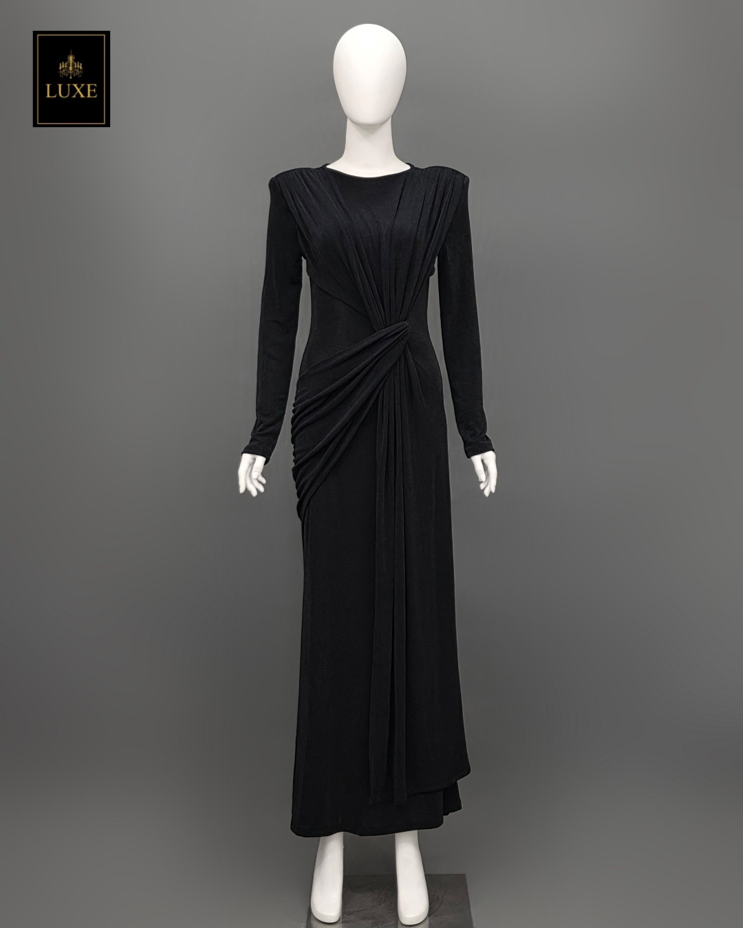 เดรสแฟชั่น แม็กซี่เดรสเสื้อคอกลมแขนยาว เสริมไหล่ กระโปรงยาวคลุมข้อเท้า