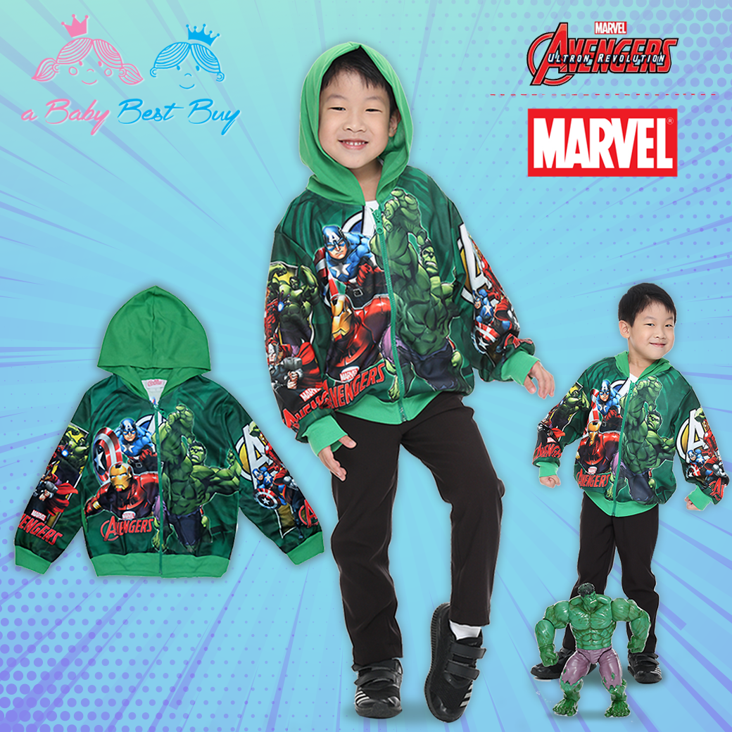 ฮ " ( S-M-L-XL " เสื้อแจ็คเก็ต เสื้อกันหนาว เด็กผู้ชาย Super Hero - The Avengers สีเขียว รูดซิป มีหมวก(ฮู้ด)ใส่คลุมกันหนาว กันแดด สุดเท่ห์ ใส่สบาย ลิขสิทธิ์แท้ (ไซส์ S-M-L-XL )