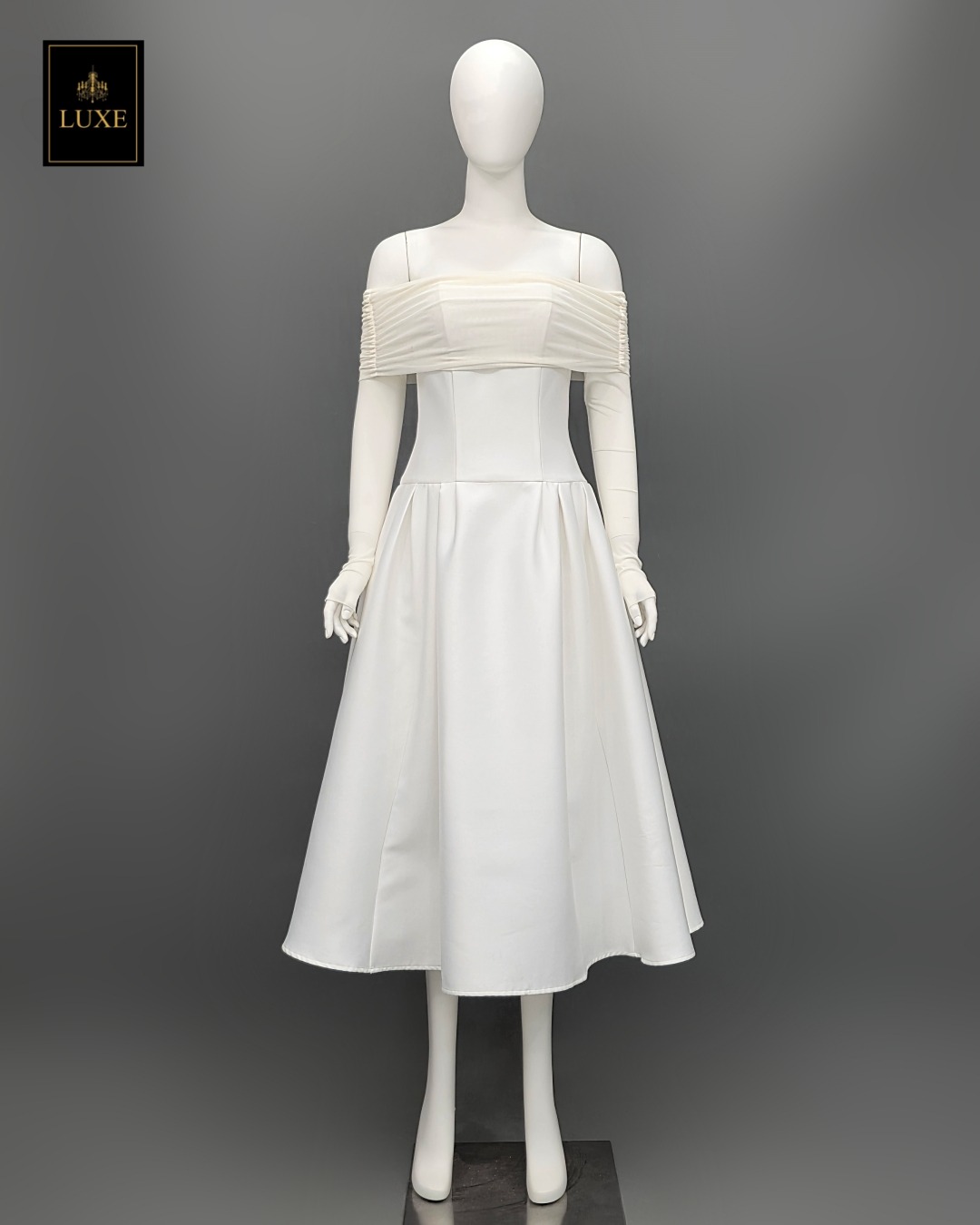 เดรสแฟชั่น เดรสเสื้อแขนยาวเปิดไหล่ กระโปรงยาวคลุมเข่า แขนเสื้อซีทรู