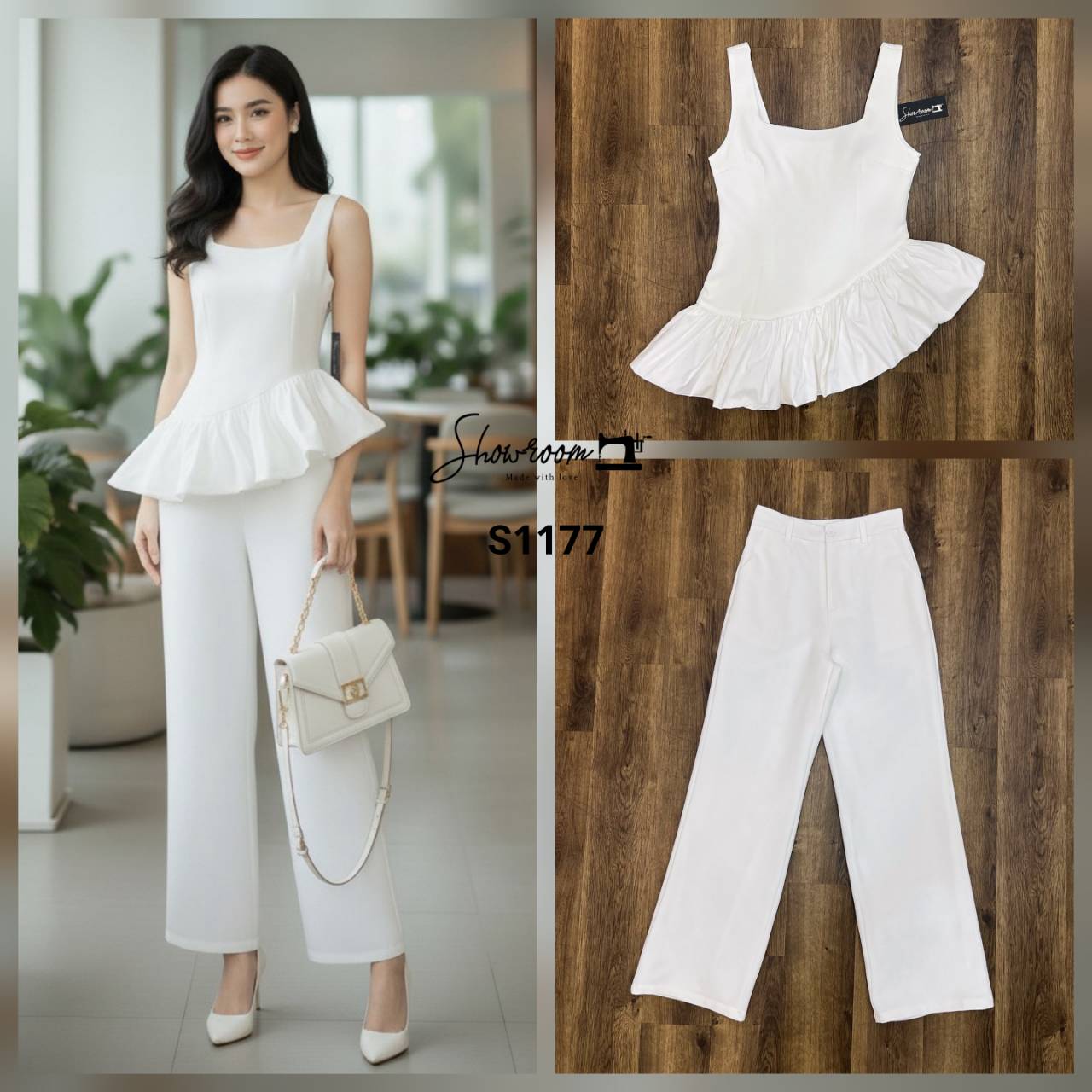 ชุดเซทแฟชั่น ตัวเสื้อชายตัดต่อระบายดูเก๋มาก กางเกงขายาวทรงสวย ใช้ผ้าอย่างดีในการตัดเย็บ