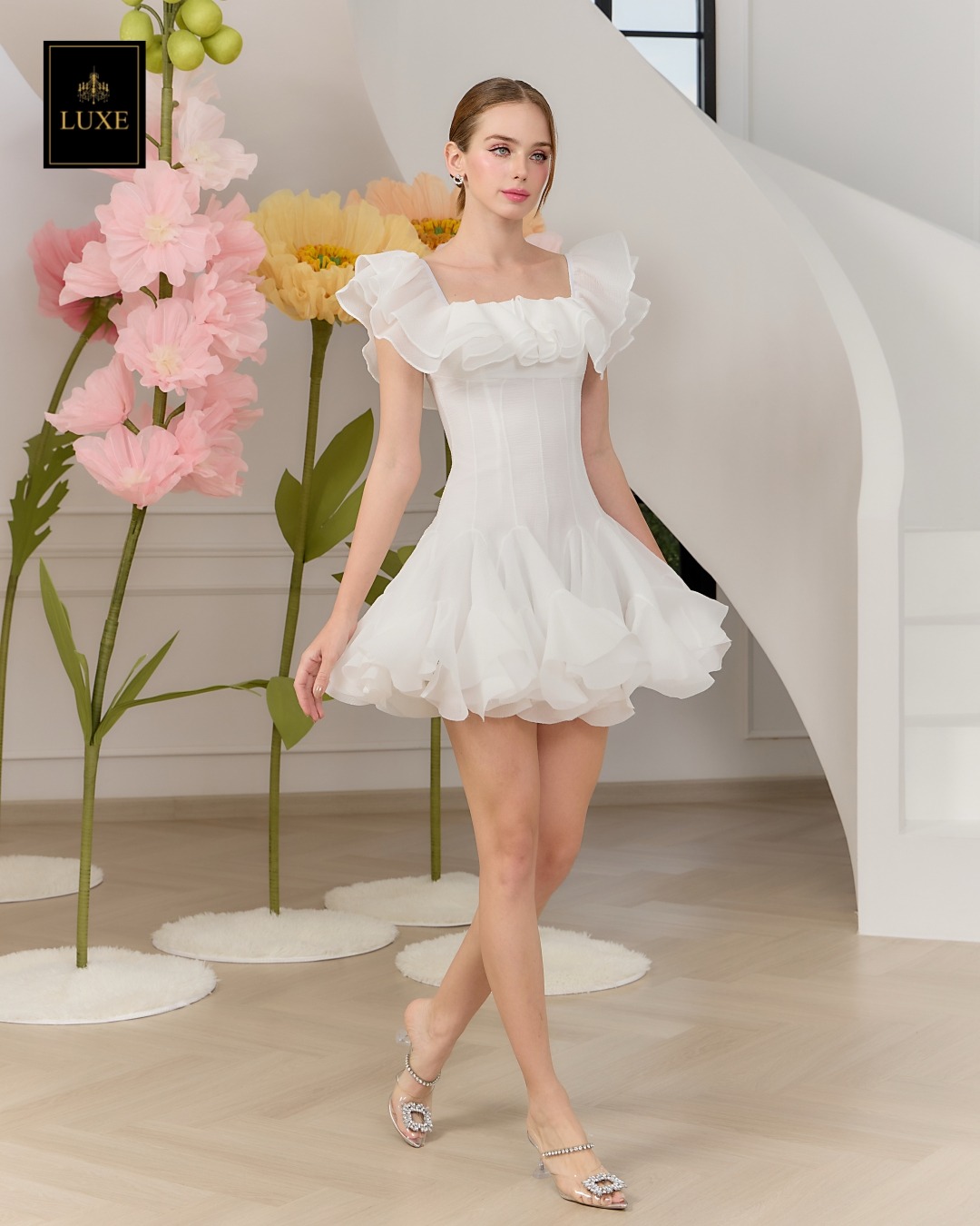 เดรสแฟชั่น เดรสกระโปรงสั้น เสื้อคอกว้าง ใส่เปิดไหล่ได้