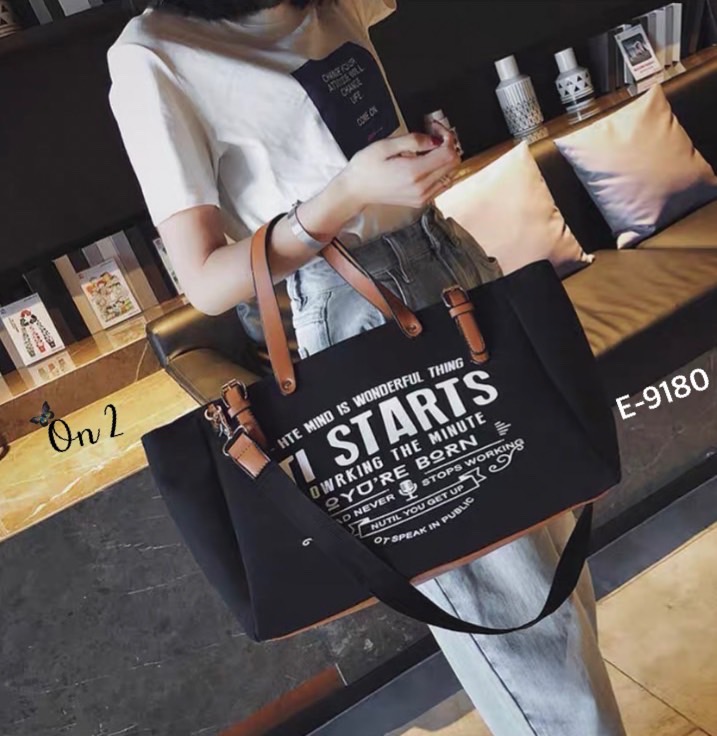 กระเป๋าสะพาย Shopping มาใหม่ หน้าพิมพ์ตัวอักษรภาษาอังกฤษ สายถือแต่งหนัง มาพร้อมสายสะพายยาว