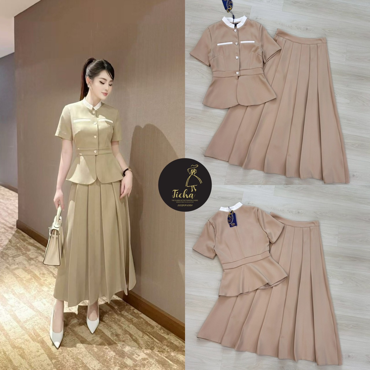 ชุดเซทแฟชั่น ชุดเซต2ชิ้น สีครีมเสื้อแขนสั้นดีเทลคอจีน แต่งขลิบสีขาวที่คอและช่วงอก