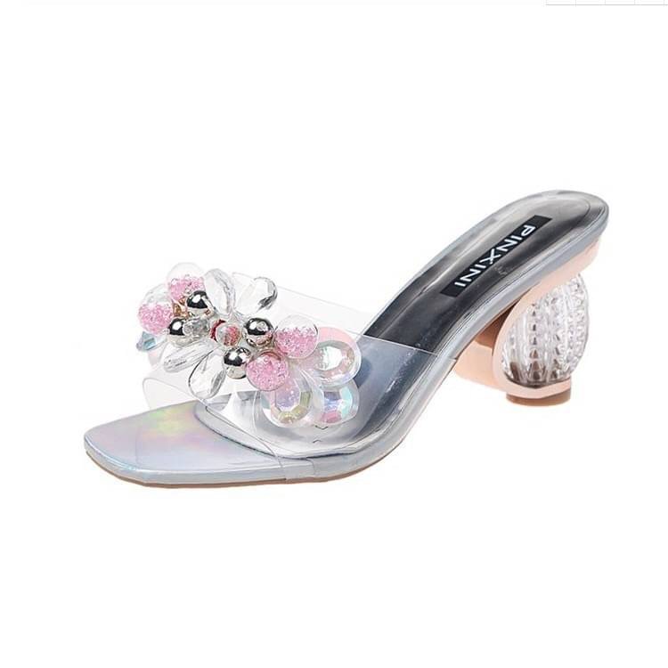 พร้อมส่งงานนำเข้า แบบใหม่รองเท้าส้นสูงแฟชั่นวัสดุสวมซิลิโคนนิ่มแต่งอะไหล่ลูกปัด สีหวานส้นสูง7cmเคลือบสีทองสุดหรู พร้อมส่งสีชมพู