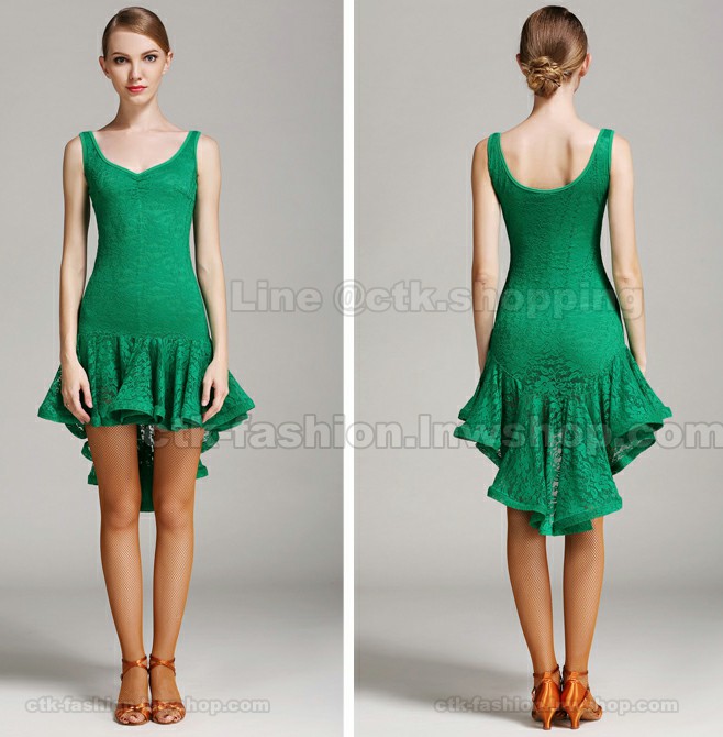 ชุดลีลาศสั้น ลูกไม้สีเขียว หางปลา
