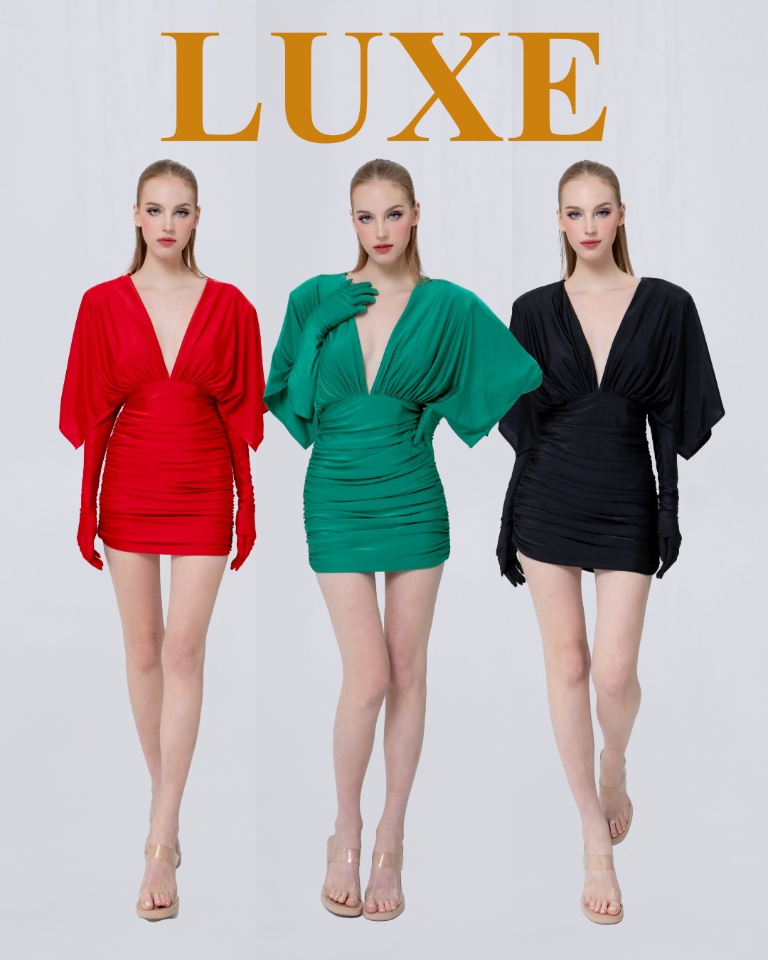 เดรสแฟชั่น เดรสกระโปรงเข้ารูป เสื้อคอวีแขนในตัว มาพร้อมถุงมือยาว