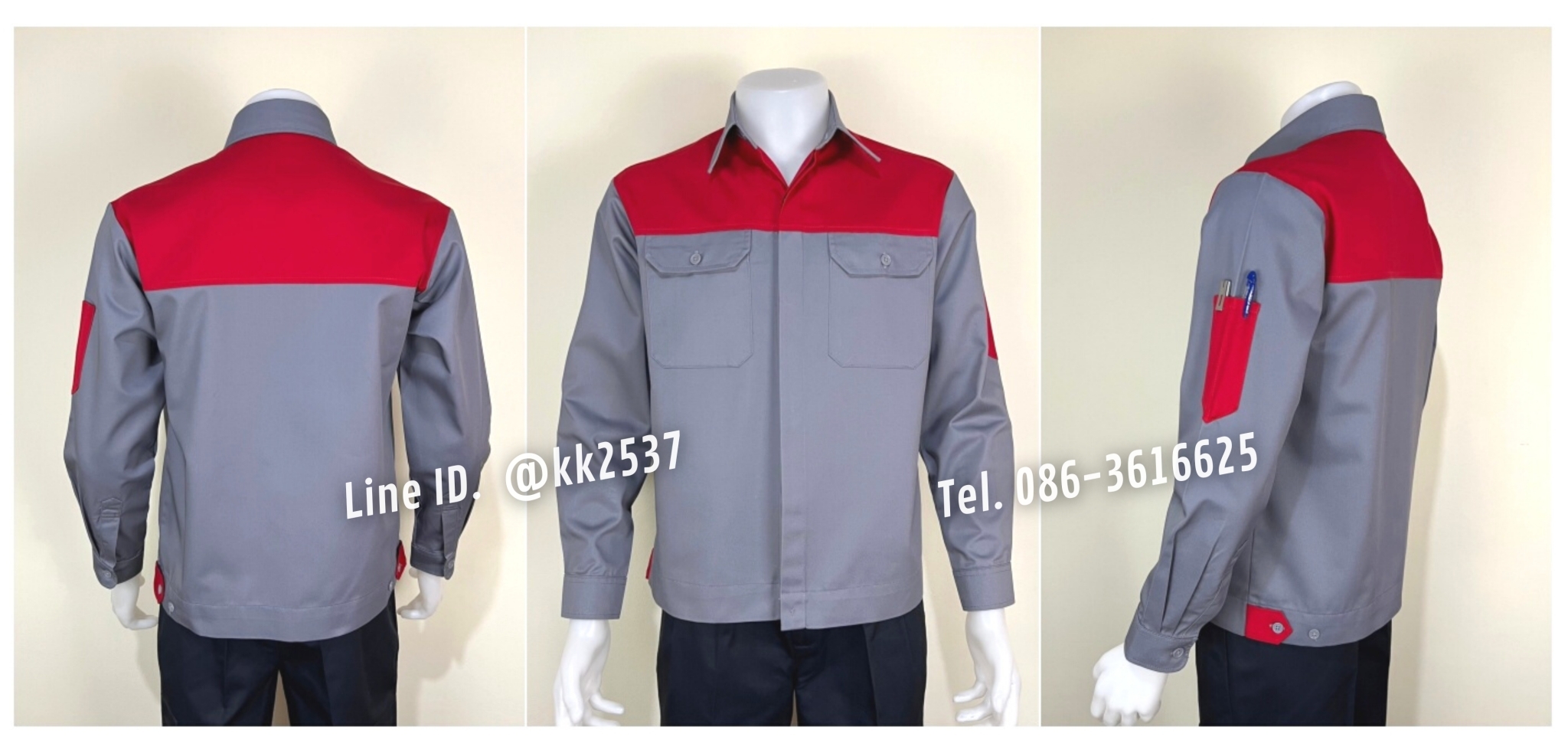 รหัส A 272 เสื้อช่างแขนยาวผ้าคอมทวิวสีเทาอกเลือดหมูกระดุมซ่อนสาบ(สั่งตัด)